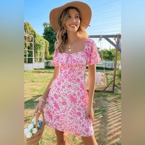 French Bud Square Neck Floral Frill Trim Sweet Tea Break Dress